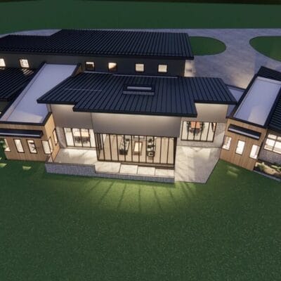 Modern house design with large windows and garden