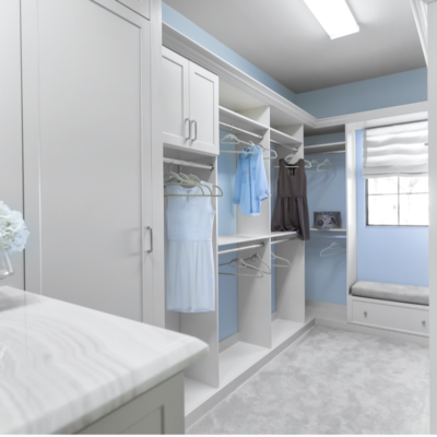 Spacious walk-in closet with modern design.