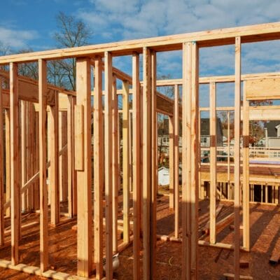 Wood framing in residential construction site